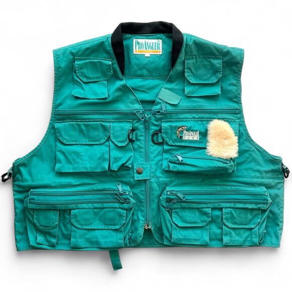 Vintage Pro Angler Gear Fly Fishing Vest Teal Green Utility L Embroidered Patch - Picture 1 of 12